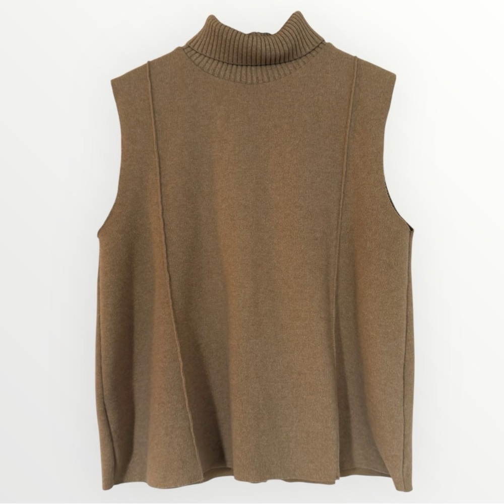 Zara Tan/Beige Turtleneck Ribbed Trim Cozy Sleeveless Sweater Vest Size Large